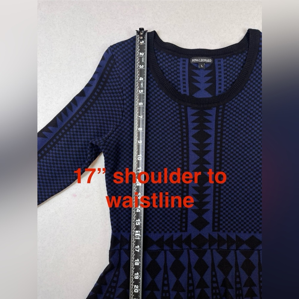 Nina Leonard Black & Blue Geo-metric Print Sweater Dress. Size Large. - Picture 9 of 12